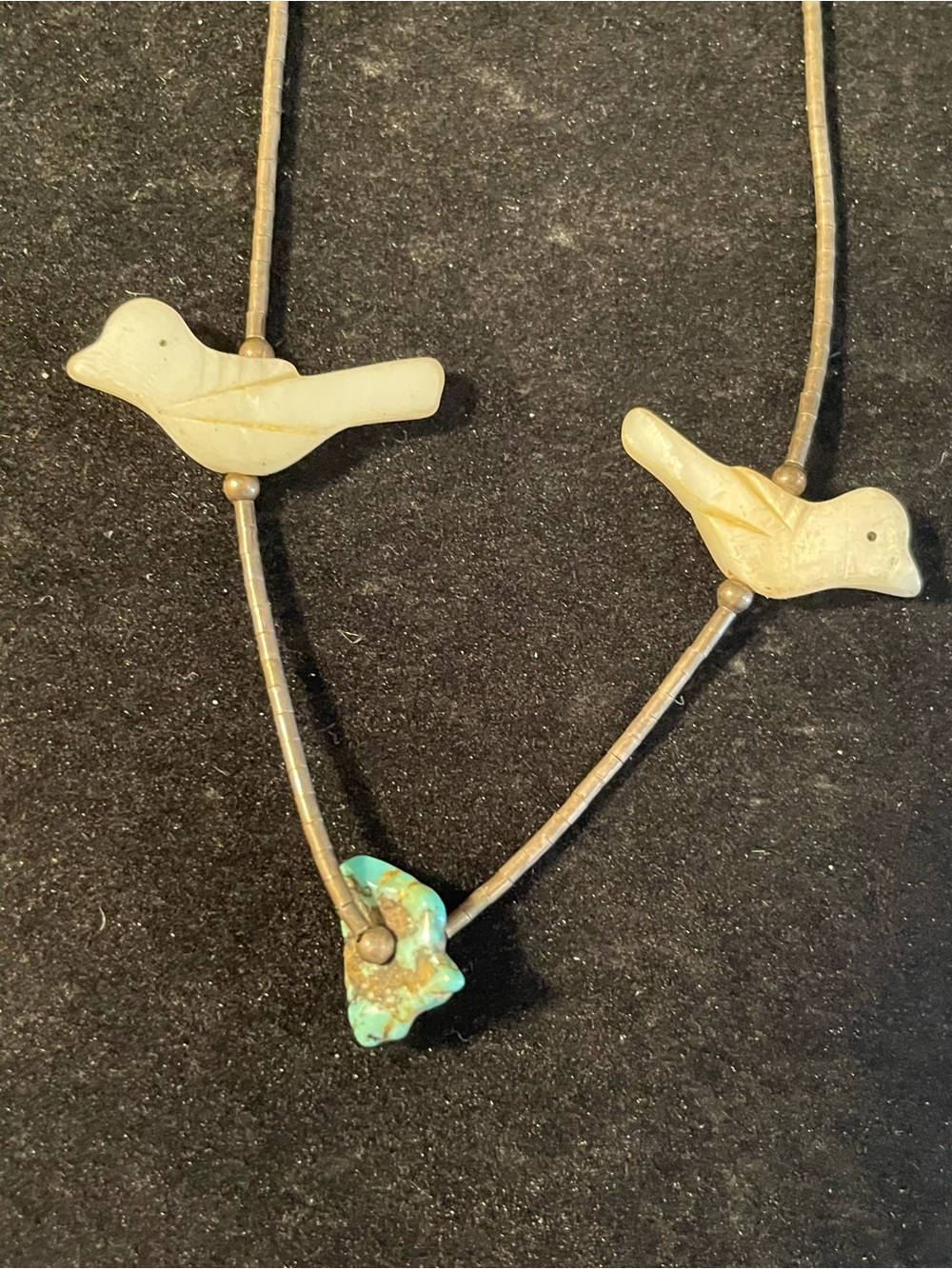 Vintage Liquid Silver Fetish Necklace Carved Birds. Turquoise. Southwestern. 15”